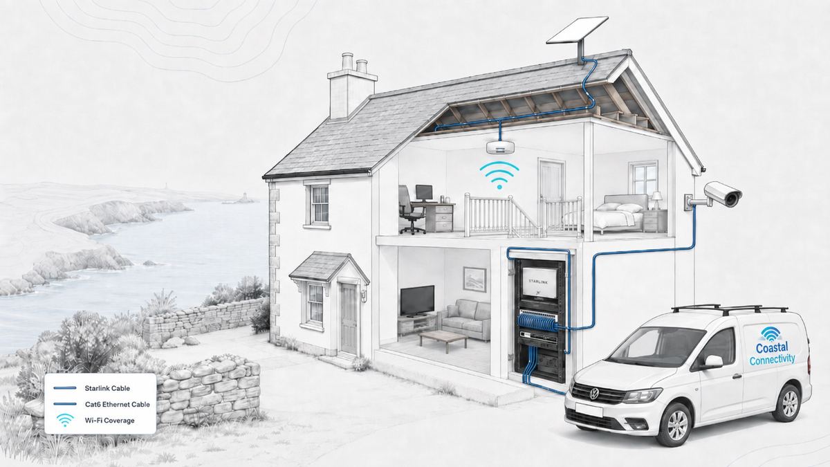 Cutaway technical illustration showing Starlink, Cat6 cabling, Wi-Fi and CCTV infrastructure routed through a coastal property