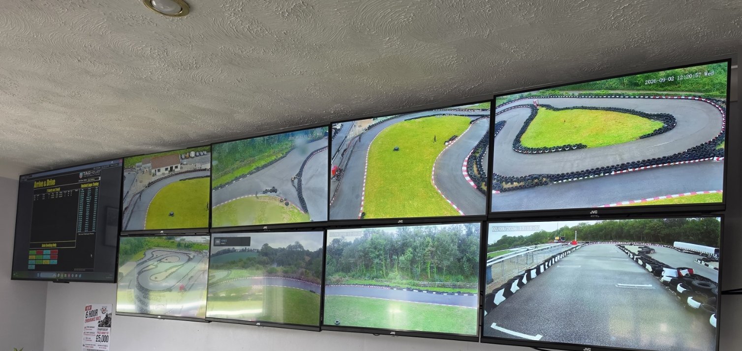 Nine live CCTV feeds displayed in the reception control room at Coast to Coast Karting